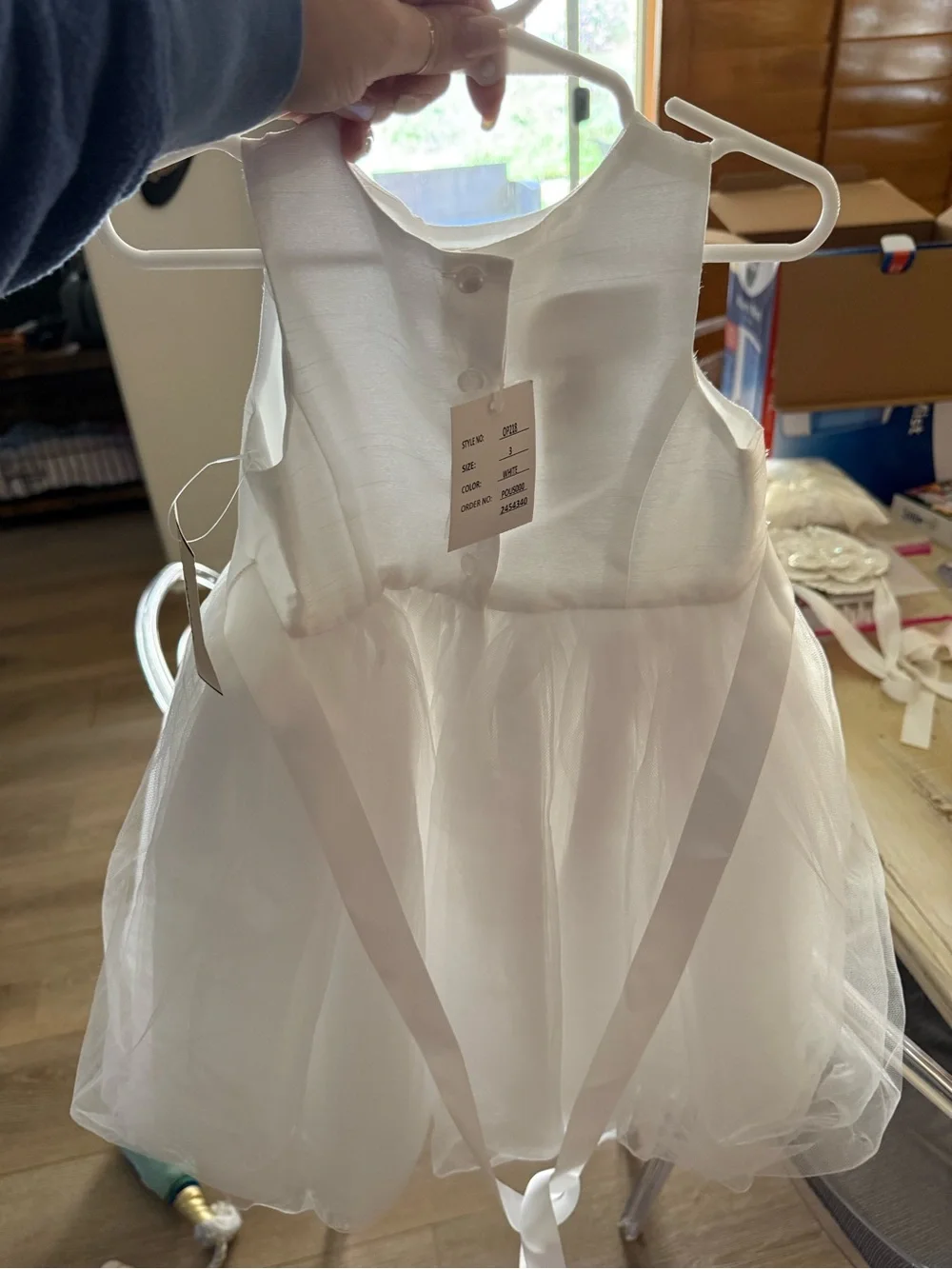David's Bridal White Tulle Flower Girl Dress with Satin Waist - Picture 3 of 4